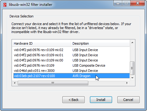 Install driver for AVR Dragon